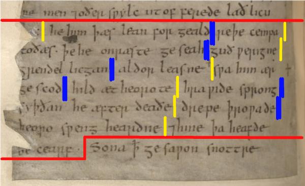 Image of the last 8 lines of folio 164v (Kevin Kiernan).  Click to see a 1722x1052 pixel version (138k in size)