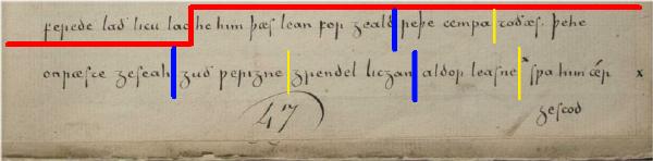 Image of the last 8 lines of folio 164v (Kevin Kiernan).  Click to see a 992x244 pixel version (34k in size)