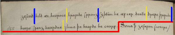 Image of the last 8 lines of folio 164v (Kevin Kiernan).  Click to see a 992x244 pixel version (30k in size)