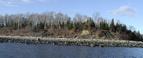The bluffs and shoreline at the southern tip of the island.